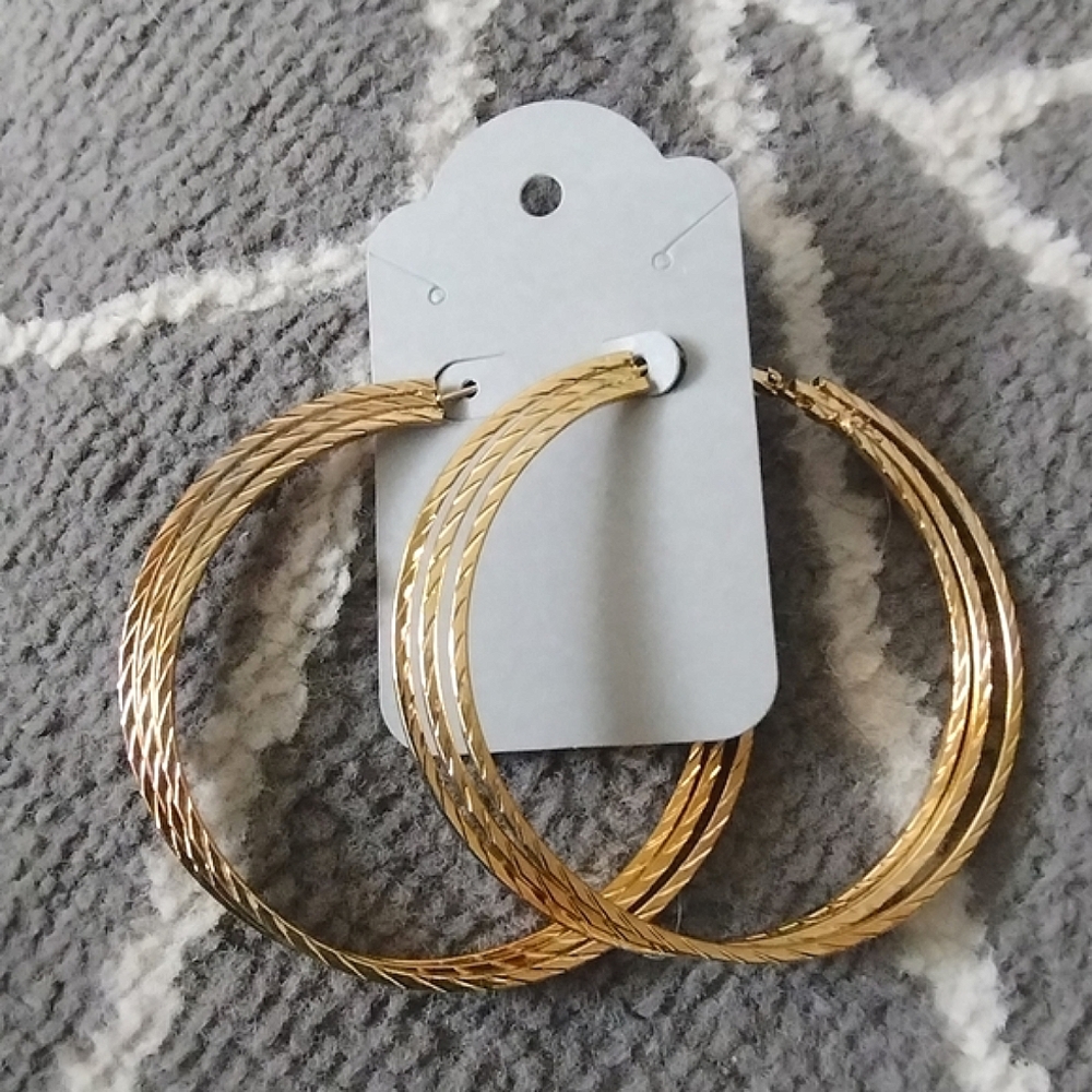 New Large Gold Tone Braided Hoops Stacked Trio Look